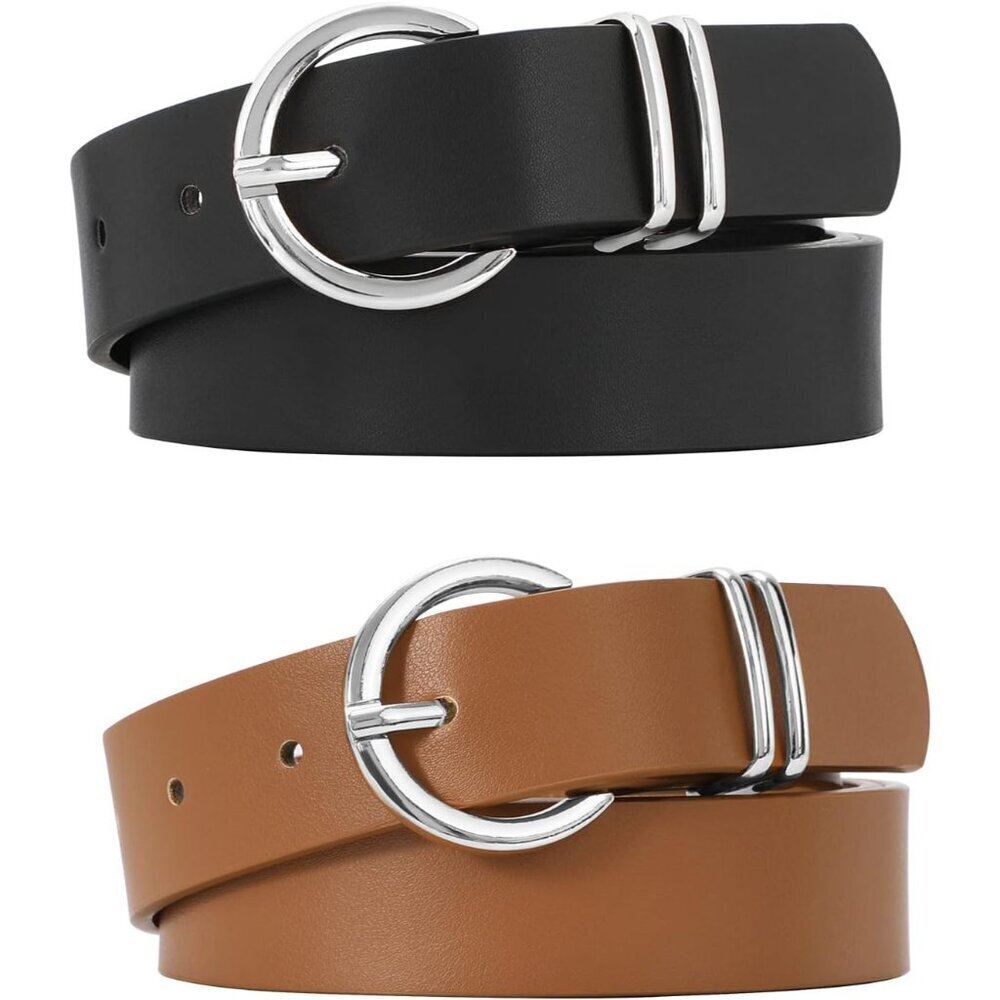 2 Pack Womens Leather Belts Faux Leather Gold Buckle for Jeans Dresses
